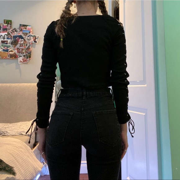 Black Lace Up Sleeve Top - Picture 4 of 5
